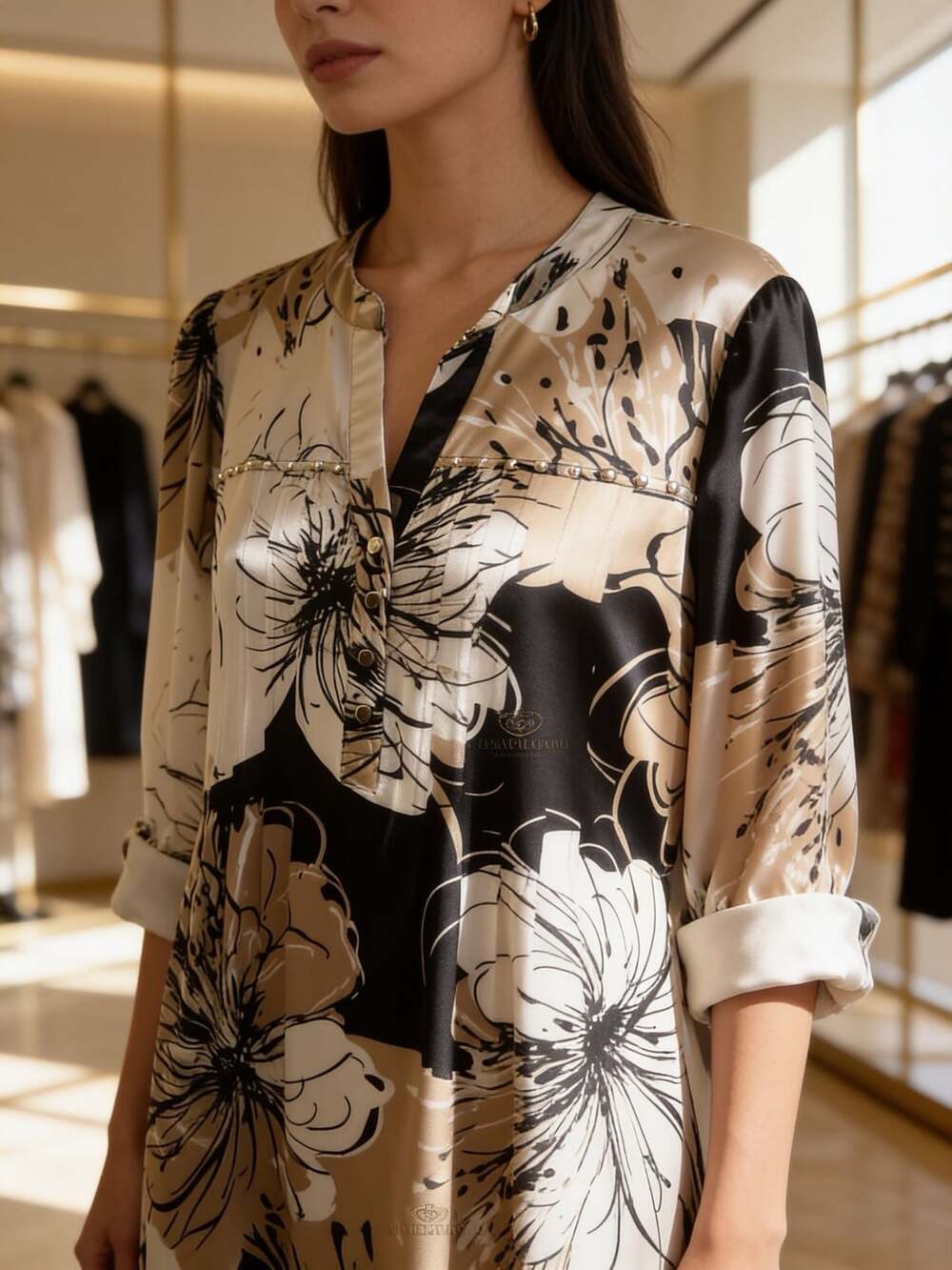 Cocomo Floral Print Long Sleeve V-Neck Blouse with Studded Trim Size M